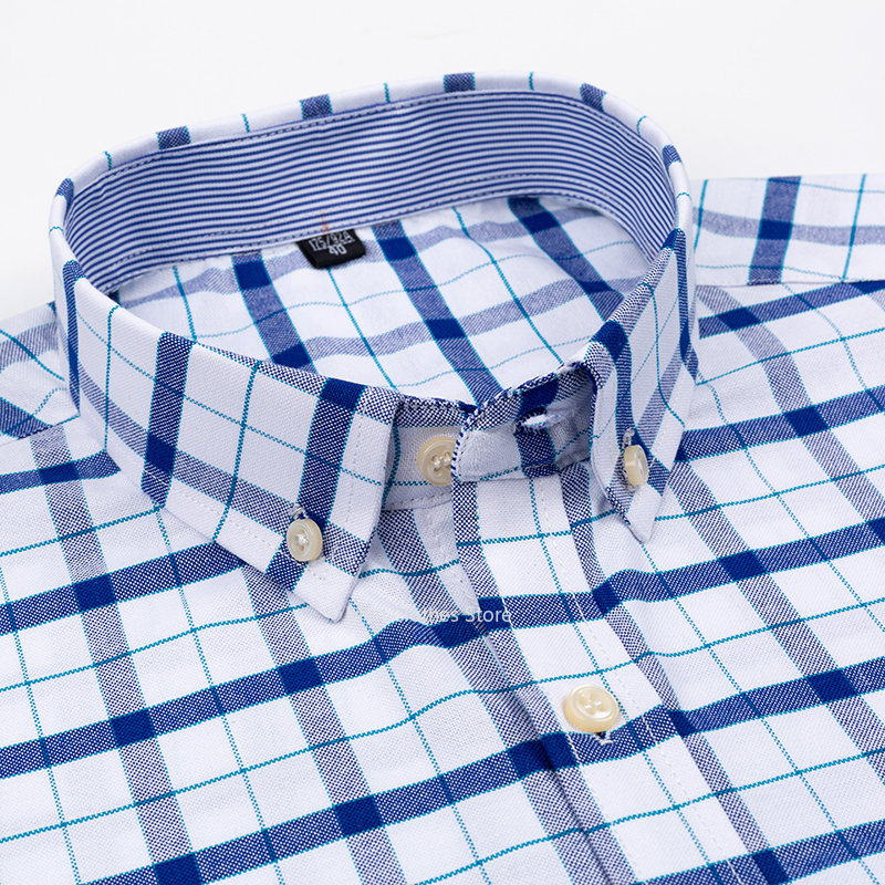 2023-100-Pure-Cotton-Men-s-Oxford-Short-Sleeve-Square-Collar-Soild-Plaid-Striped-Summer-Casual-1