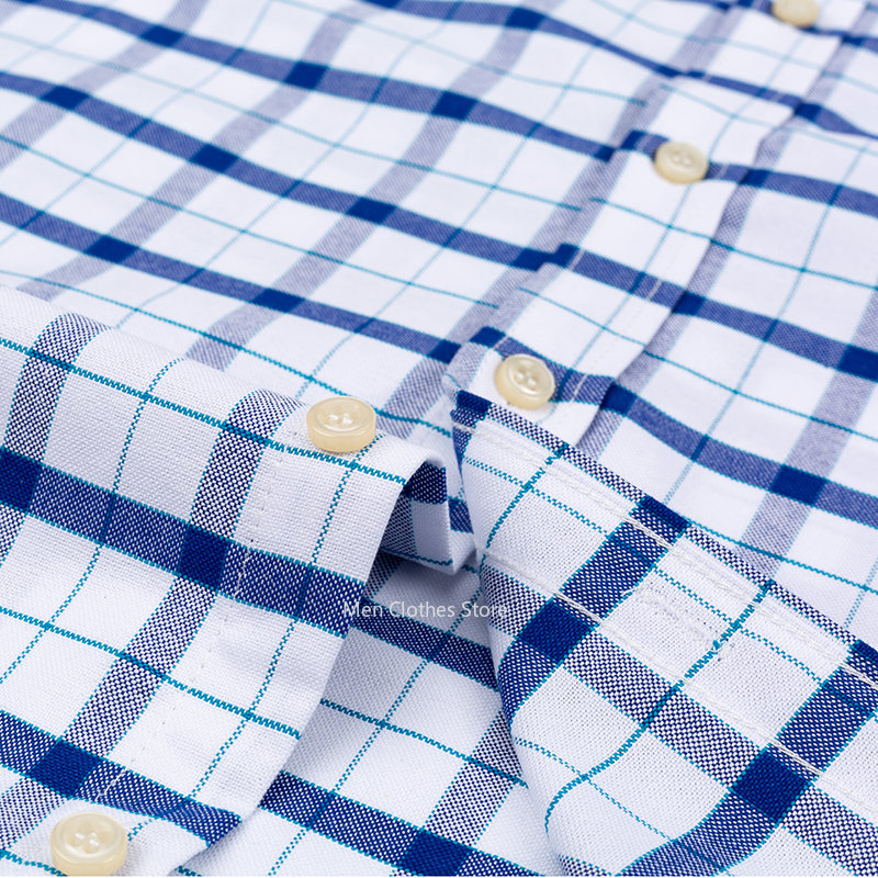 2023-100-Pure-Cotton-Men-s-Oxford-Short-Sleeve-Square-Collar-Soild-Plaid-Striped-Summer-Casual-4